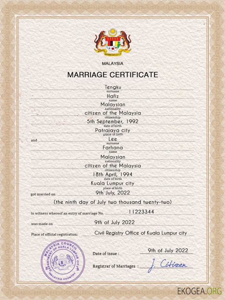 Modèle PSD de certificat de mariage en Malaisie